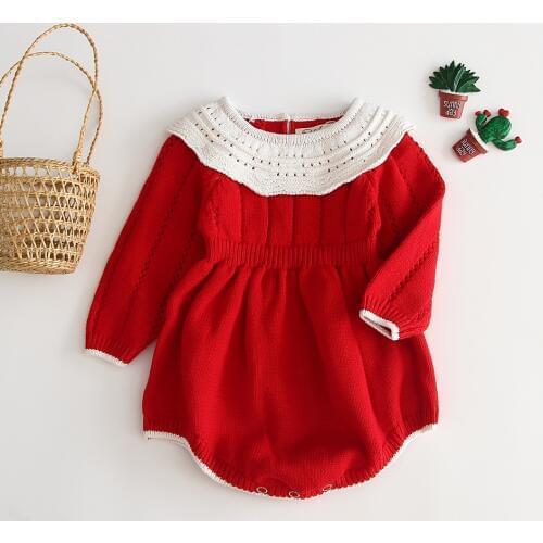 0-24M Christmas New Year Rompers Newborn Infant Kids Girls Boys Knit Clothes Long Sleeve Red Jumpsuits