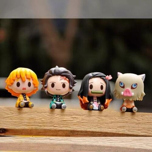 4pcs/set Anime Demon Slayer 3D Figure Model Creative Kawaii Kamado Tanjirou Nezuko Zenitsu Inosuke Toys Character Sit down model