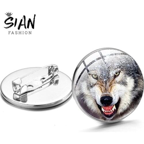 SIAN Wolf Photos Brooch Pin Animal Art Picture Glass Dome Cabochon Badge On Chest Brooches Gifts For Men Women Jewelry Souvenirs
