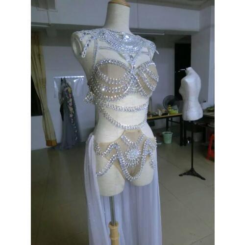 Sequins Rhinestone Bodysuit Costume Female Singer Sexy skin white DJ MC DS stage crystal bra short dress women performance set