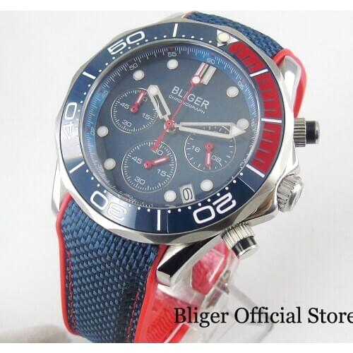 BLIGER Brand 41mm Quartz Men Watch Sapphire Glass Chronograph Date Function Rubber Strap