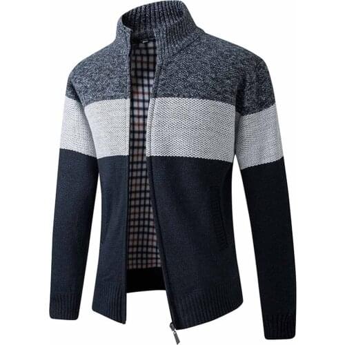 FALIZA Stand Collar Sweater Coat Mens Patchwork Thick Fleece Comfy Wool Cardigan Knitted Jackets Casual Male Knitwear XY109