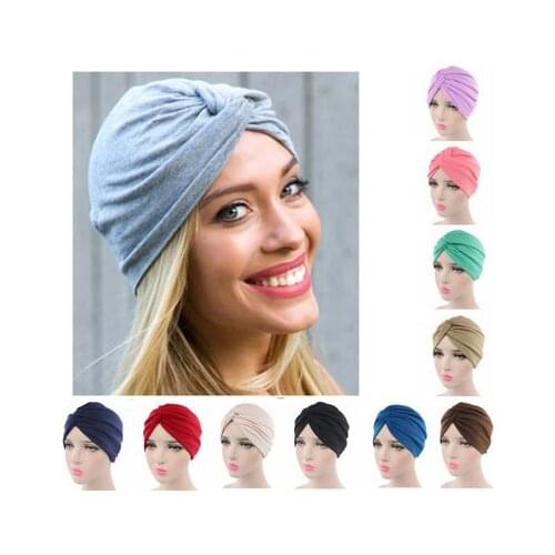 Cotton Turban Muslim Women Twist Headwrap Chemo Beanie Cap Ladies Bohemian Style Elastic Hair Cover Pure Color Hair Accessories