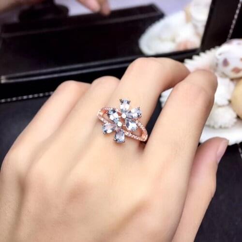 S925 silver Natural light blue Aquamarine ring natural gemstone ring fashion Lovely big Flower woman girl Row party gift jewelry