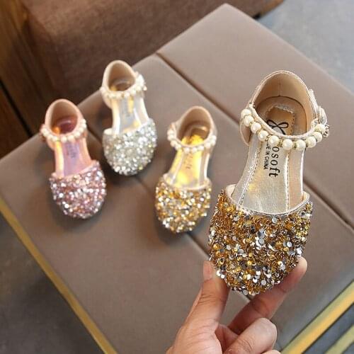 Girls leather shoes baby princess shoes 2021 spring summer new childrens casual shoes fashion sequined pearl dance shoes