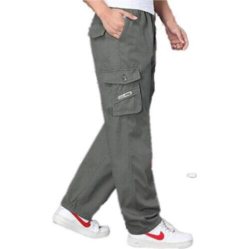 Mens Cargo Pant Casual Men Elastic waist Multi-Pocket Overall Male Combat Long baggy large Trouser XL 4XL 5XL 6XL ZHAN DI JI PU