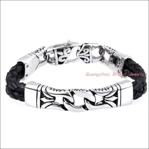 New Charming Black Braided Genuine Leather Mens Jewelry 316L Stainless Steel Silver color Clasp Wristband Bracelet Bangle 8.5"