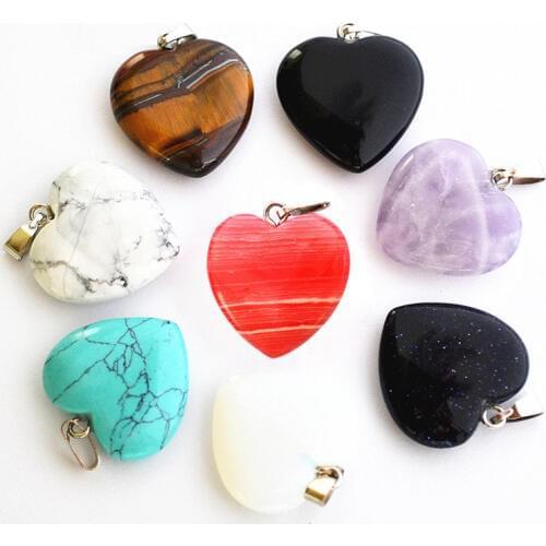 GYWYN Wholesale Assorted Fashion Mixed Color Natural Stone Charms Pendants Necklaces Heart For women Jewelry Making 20mm 50pcs