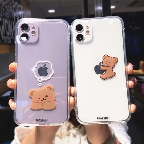 Funny Cute Cartoon Bear Clear Phone Case For iPhone 12 Pro Max 11 X XS XR 7 8 Plus Mini Animal Couple Transparent Soft TPU Cover