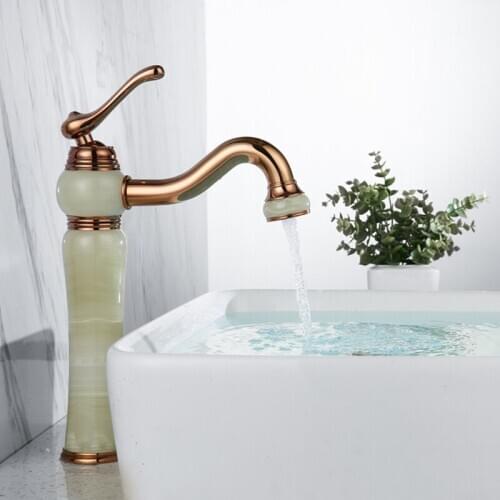 Luxury Rose Gold Brass Natural jade Bathroom Sink Faucet high Art Basin Mixer Taps Single Handle Lavatory Faucet--SM5312