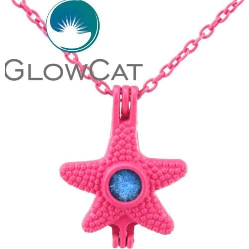 RR306 Hot Pink Ocean Starfish Oyster Pearl Beads Cage Essential Oil Diffuser Aromatherapy 18'' Necklace Locket Cage