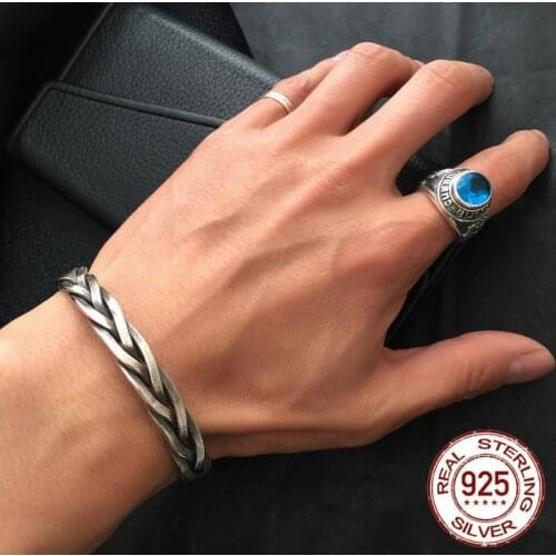 Handmade S925 Sterling Silver colour Chiang Mai Handmade Retro Thai Silver Vintage Style Twist Rope Male And Female Open Ended