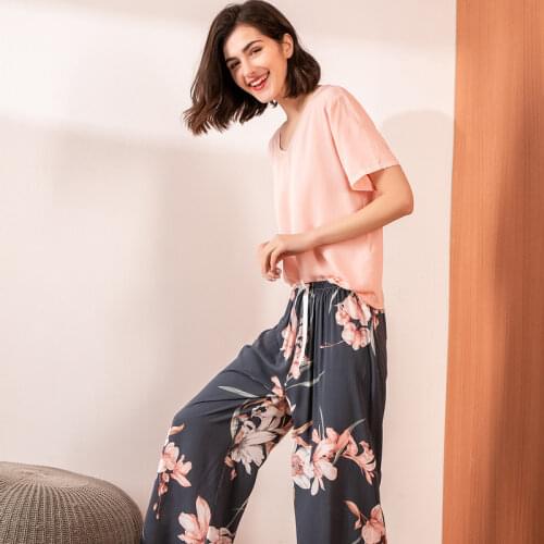 Spring Summer Pajamas Set Women Sleepwear Floral Printed Casual V Neck Short Sleeve Elastic Waist Nightwear Home Clothing