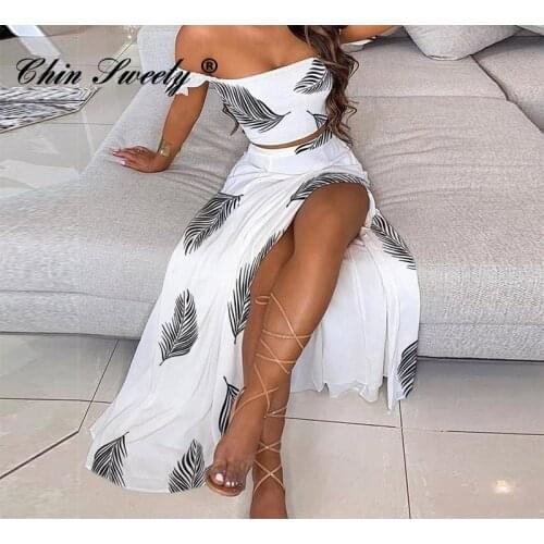 Off The Shoulder Sleeveless Ruffle Women Set Side Split A-line Skirt Female Set 2021 Summer Printing Boho Ladies 2 Piece Set