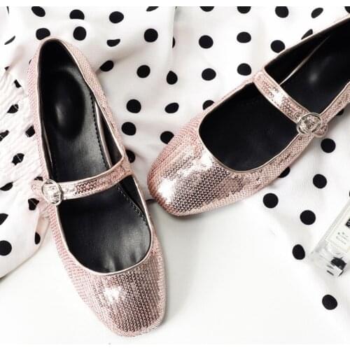 Famous brand glitter Mary Janes shoes woman round toe ankle strap silver ballet shoes round heels pumps female dancing shoes