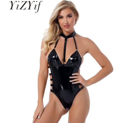 Womens Wet Look Patent Leather Clubwear Sexy Lingerie Halter Cutout Catsuit Hollow Out Bodysuit Backless Sexy Bodycon Costume
