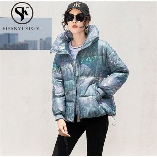 Streetwear Women Down Jacket Letter Print Fashion Loose Short Parka Winter Jacket Female Thick Warm 90% White duck down Coat