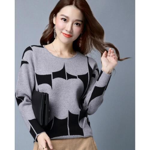 Womens Pullover Knitted Sweater Long Sleeve Round Collar Geometric Jacquard Bottom Sweaters Autumn Winter Jumper Tops H9223