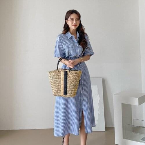 Casual Striped A Line Shirt Dress Ladies Short Sleeve Turn Down Collar Drawstring Slim Dress 2021 Summer Fashion OL Style Midi