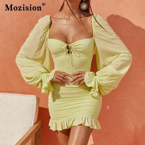 Mozision Chiffon Ruffle Puff Sleeve Dress For Women Summer Square Collar Backless Mini Dresses Ladies Casual Ruched Dress