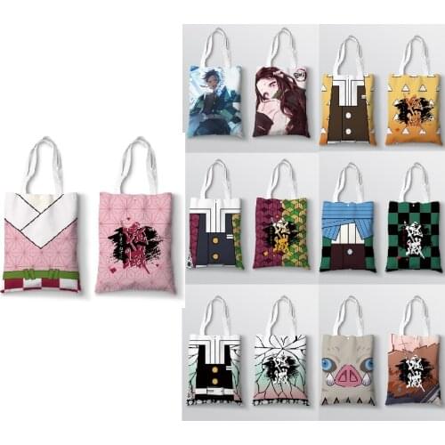 1pcs Demon Slayer Handbag Canvas Bags Kamado Tanjirou Kamado Nezuko Anime kimetsu no yaiba Storage Bag with button Size 42*33cm