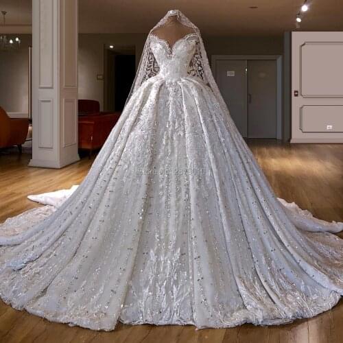 Off The Shoulder White Wedding Dress Ball Gown Appliques Beaded Sequined Veil Floor-Length Women Dress Muslim Bridal Gowns