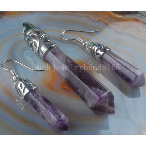 Free Shipping Fashion Jewelry Beautiful Natural Purple Crystal Pendulum Pendant Earrings Set C2247