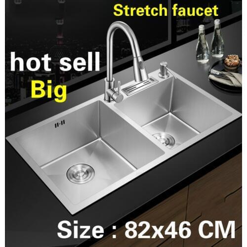 Free shipping Household luxury do the dishes big kitchen manual sink double groove 304 stainless steel hot sell 82x46 CM