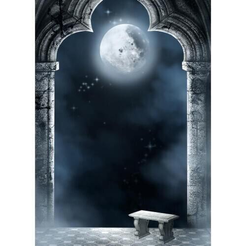 Full Moon Stone Bench Halloween Photo Background Vinyl Cloth Backdrop Photography Props for Baby Children Portrait Photobooth