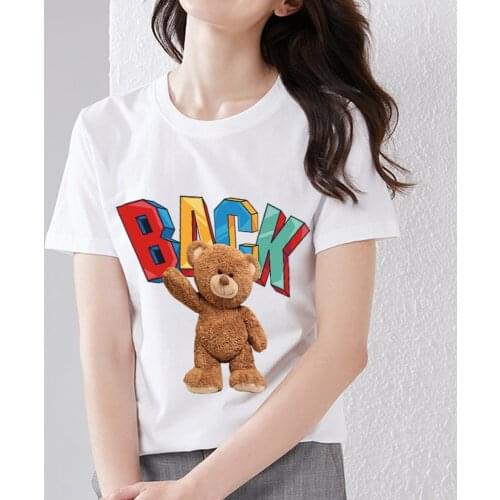 T-shirt Womens Summer Fashion Cartoon Teddy Bear Print Round Neck Harajuku Anime Top Ladies Commuter Comfortable Short Sleeves