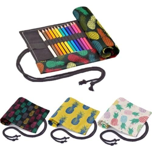 Colorful Pineapple Printed Roll Pen Bag For Unisex Student Drawing Arting Canvas School Supplies Pencil Bag 12/24/36/48/72 Holes