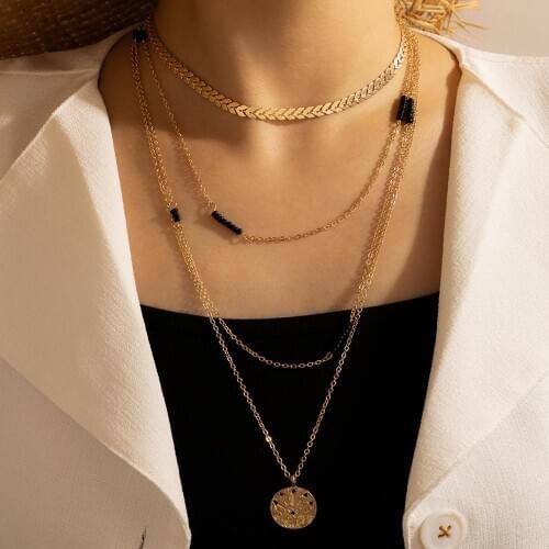 HuaTang Vintage Gold Coin Sun Pendant Necklace for Women Multilayer Black Bead Arrow Choker Lady Party Jewelry on the Neck