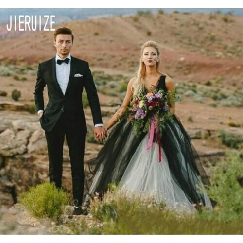 JIERUIZE Black And White Tulle Wedding Dresses V Neck Sexy Backless Long A Line Bridal Gowns robe de mariee Wedding Gowns