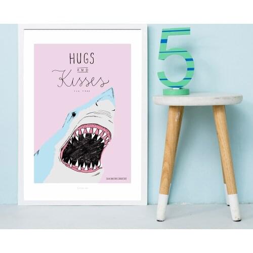 Catoon Cute Blue Shark Hugs and Kisses Wall Art Canvas Painting Nordic Posters and Prints Wall Pictures for Living Home Decor