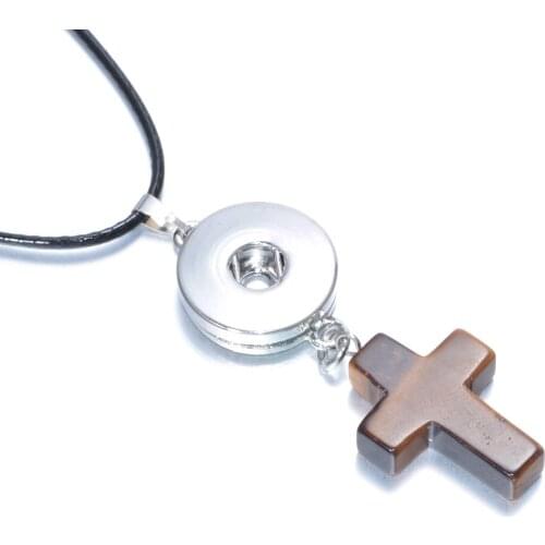 Brown Color Natural Stone Cross Shape 18mm Snap Button Jewelry Pendant Necklace Snap Jewelry Fit 18mm Snap Buttons DZ0123a