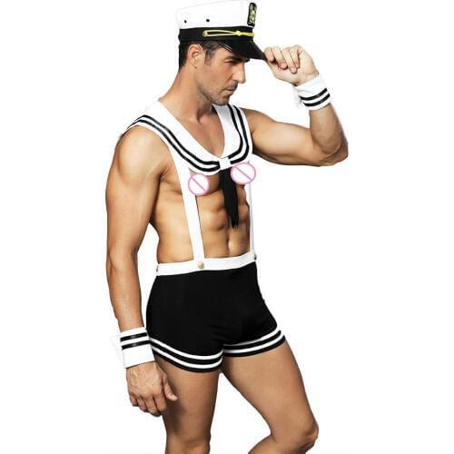 Men Sailor Uniform Costume Sexy Hot Gay Clubwear Exotic Lingerie With Jumpsuit Hat Wristband Role Play Underwear 6613