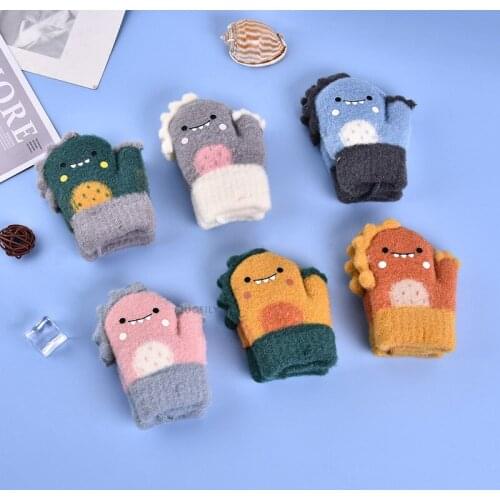 New Winter Children Mitten Baby Mitten Rabbit Fur Thick Warm Cute Cartoon Dinosaur Knitted Hanging Neck Glove Soft Infant Gloves
