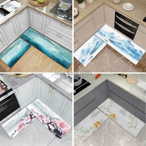 New Chinese Ink Landscape Flower and Bird Kitchen Mat Combination Entry Mat Bedroom Long Non-slip Bedside Blanket Customization