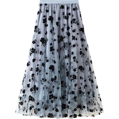 OHRYIYIE Autumn Winter Vintage Floral Long Tulle Skirt Women Elastic High Waist Pleated Skirts Female Mesh Midi Long Maxi Skirt