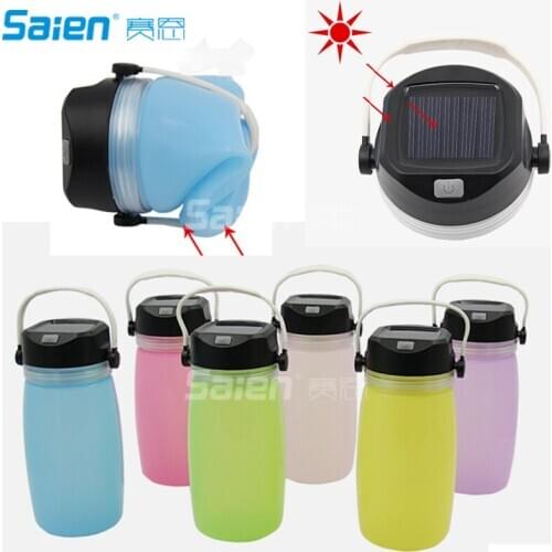 Portable Solar Silicone Lantern Bottle Rechargeable LED Flashlights & USB Power Bank Outdoor Waterproof Collapsible for Camping