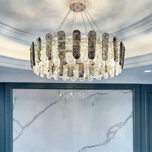 Luxury Modern Living Room Led Pendant Lights Lustre Gold Round Metal Pendant Lamp Gray & Clear K9 Crystals Hanging Lamp Fixtures