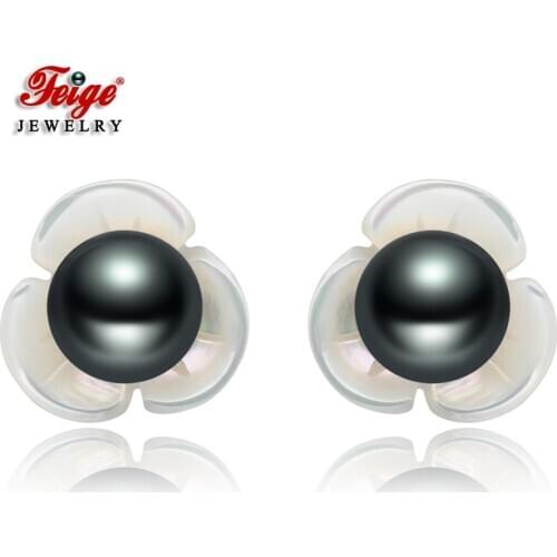Elegant Shell Carved Flowers 3 Colors Natural Cultured Pearl 925 Silver Stud Earring for Women Gifts Fashion Jewelry FEIGE