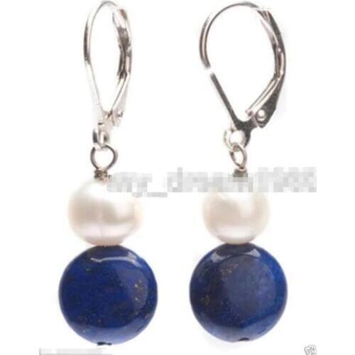 8-10mm enuine White Pearl Natural Blue lapis lazuli 925 Leverback Earring Natural stone bread Earing big earringsWomen Party