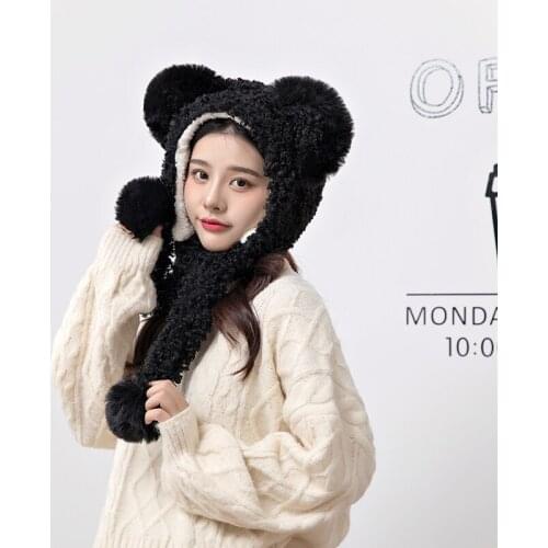 Female Hat 2021 New Wild Winter Warm Round Face Big Face Thinner Hat Scarf One Sweet And Cute Kawaii Bear Ears Plush Ball Matte