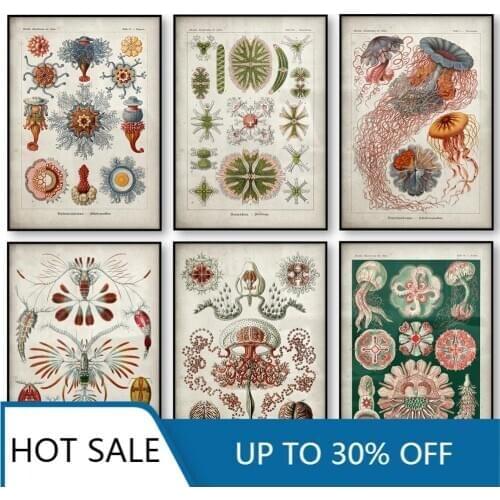 Marine Vintage Poster Jellyfish Corals Green Algae Sea Scandinavian Starfish Canvas Print Wall Art Canvas Painting Christmas