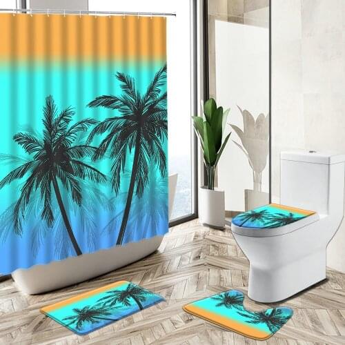 Tropical Plant Palm Tree Shower Curtain Summer Themed Bathroom Set Hand Painted Art Non-Slip Carpet Toilet Cover Bath Floor Mat