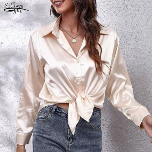Spring Autumn Grey Silk Satin Shirt Women Casual Long Sleeve Single Breasted Women Blouse Solid Vintage Ladies Clothing 12283