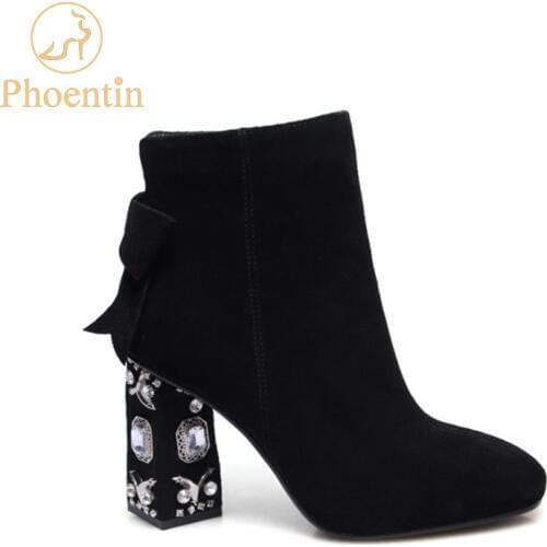 Phoentin black cow suede women boots with zipper crystal strange heels ladies ankle boots square toe super high heel solid FT238
