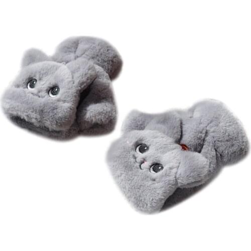 Women Student Thicken Plush Warm Half Finger Gloves Cute Cat Embroidery Convertible Flip Top Winter Fingerless Touch Screen
