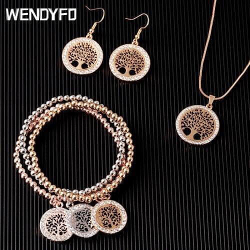 WENDYFO New Fashion Gold Color Crystal Pendant Necklace Set Women Tree of Life Chain Necklace Earring Bracelet Charm Jewelry Set